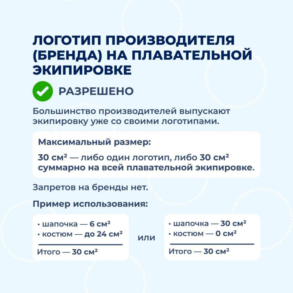 Схема распределения 30 см² для логотипа бренда между плавательной шапочкой и костюмом по правилам ФВВСР